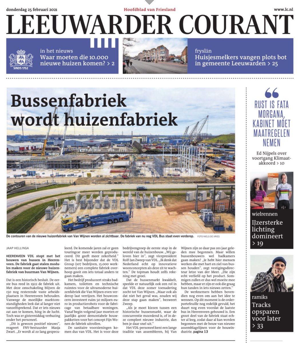 Het <a href="/lc_nl/">Leeuwarder Courant</a> kopte ‘t begin 2021. In 2022 is VDL Smart Spaces al realiteit, die de kernunit voor <a href="/fijnwonen/">Fijn Wonen</a> produceert. Ook daar staan de robots klaar hun job snel+foutloos te doen. De global leaders van <a href="/VDL_Groep/">VDL Groep</a> hebben het al geproefd en geroken op hun leadershipday <a href="/Heerenveen/">Gemeente Heerenveen</a>
