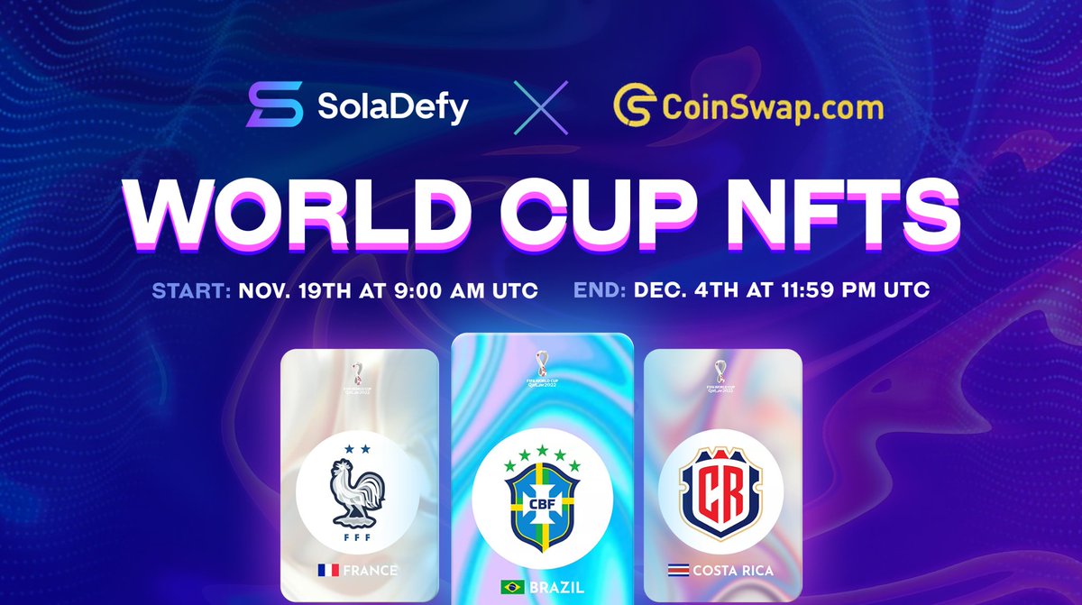 soladefy's tweet photo. It's #FIFAWorldCup2022 season⚽ buddies 🔥🔥🔥

Time to collect CWC NFT cards and share 1 million USDT 🎁🎁 powered by our friends @Caduceus_CMP and @coinswap_com

20 CWC #NFTs mints from SolaDefy will be randomly selected for a 100% mint refund!⬇️

https://t.co/KgP0N4zl81 https://t.co/Uqe071iE2L