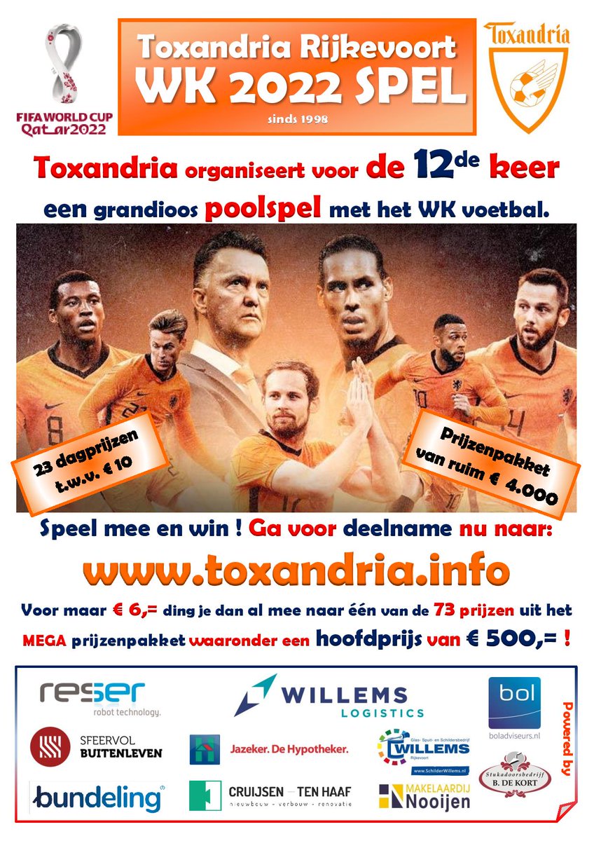 Toxandria's tweet image. De deadline nadert! Je hebt nog tot morgen 16.00 uur om mee te spelen met het #WK #poolspel van Toxandria. Voor € 6 maak je kans op een van de 83 prijzen uit het prijzenpakket van ruim € 4000 en de hoofdprijs van € 500. Vul nu op toxandria.info je formulier in.