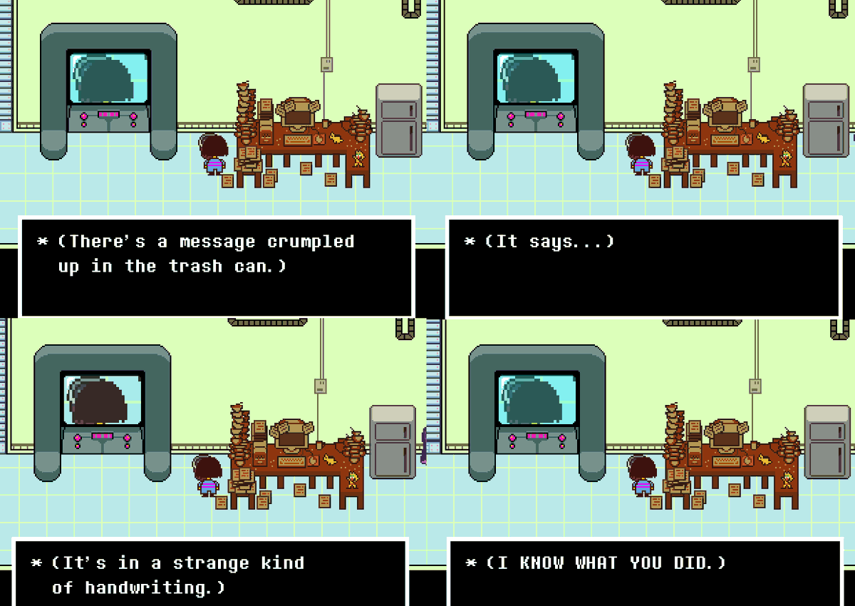 FactUndertale's tweet photo. * You can find a crumpled message in Alphys' Lab, it states "I KNOW WHAT YOU DID". It's unknown who wrote this. The most likely candidate could be Flowey towards Alphys. https://t.co/GZP0y9hRQ3
