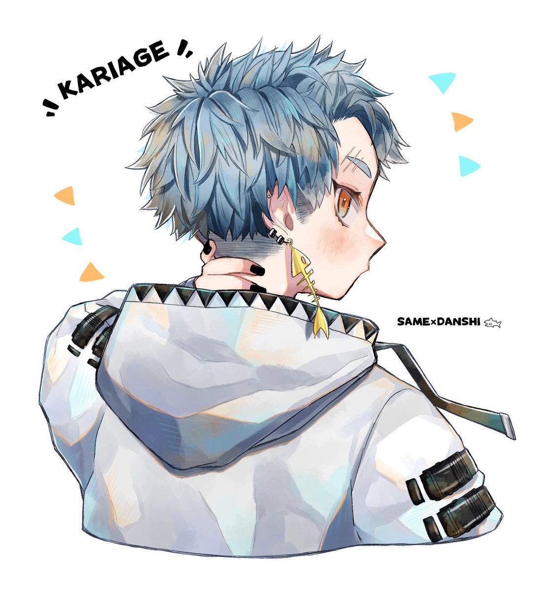 1boy male focus jewelry earrings blue hair solo hood  illustration images