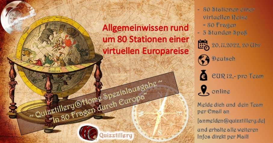 quizztillery (@quizztillery) on Twitter photo Morgen / Sonntagabend geht es wieder auf eine virtuelle Quizreise und zwar "In 80 Fragen durch Europa". Wer Lust darauf hat mit uns zu reisen, melde sich bitte schnell beim Reisebüro unter
anmelden@quizztillery.de
#Quizztillery #OnlineQuiz #PubQuiz #ILikeQuiz Morgen / Sonntagabend geht es wieder auf eine virtuelle Quizreise und zwar "In 80 Fragen durch Europa". Wer Lust darauf hat mit uns zu reisen, melde sich bitte schnell beim Reisebüro unter
anmelden@quizztillery.de
#Quizztillery #OnlineQuiz #PubQuiz #ILikeQuiz