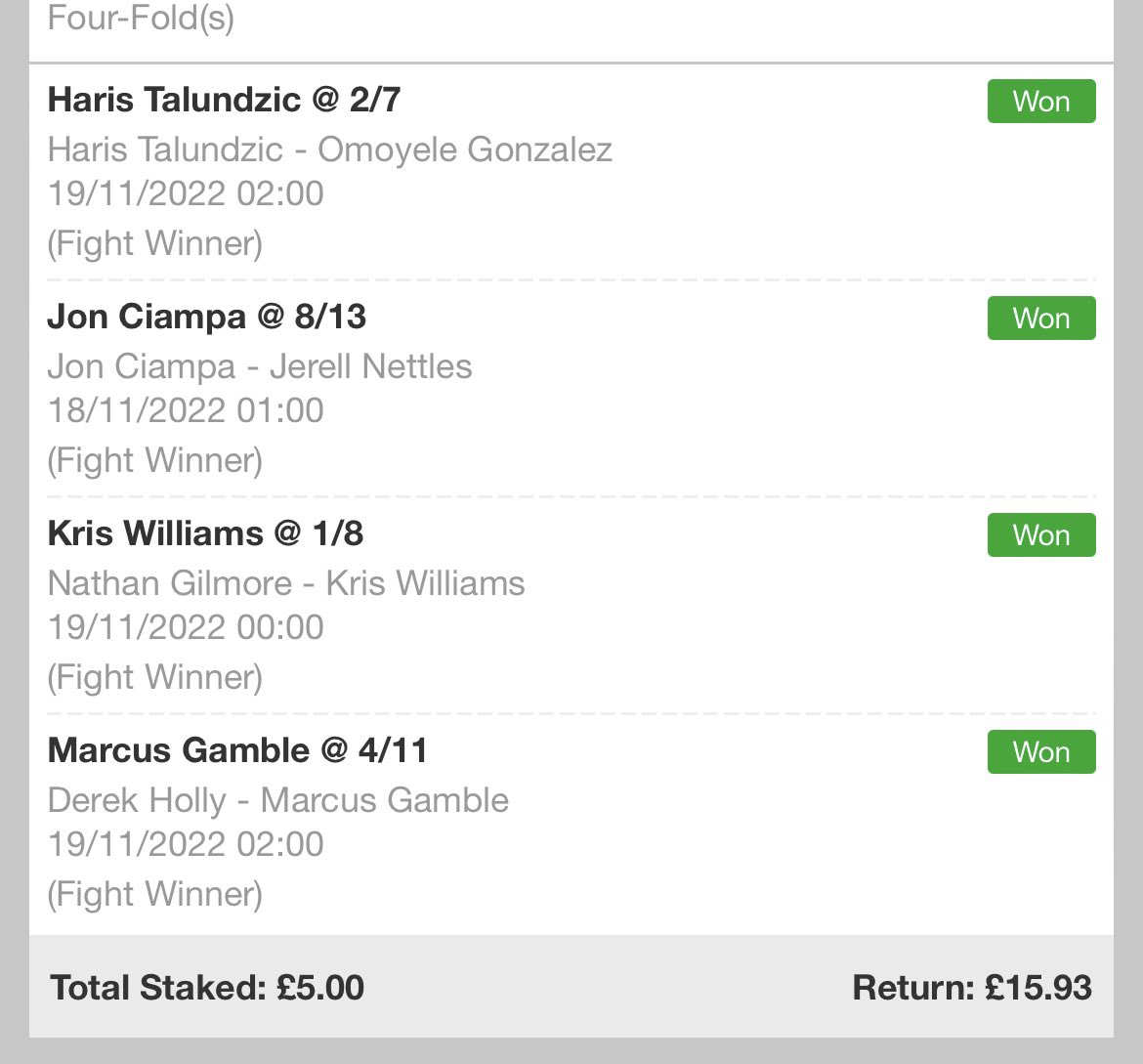 FightpickClub's tweet image. Didn’t do too badly last night. A couple of 4-folds came in, and was only 2 short of a clean sweep on Bellator 👍