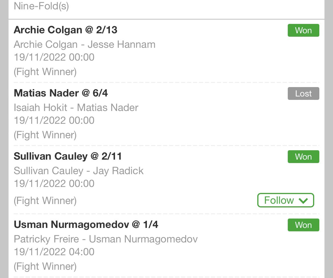 FightpickClub's tweet image. Didn’t do too badly last night. A couple of 4-folds came in, and was only 2 short of a clean sweep on Bellator 👍