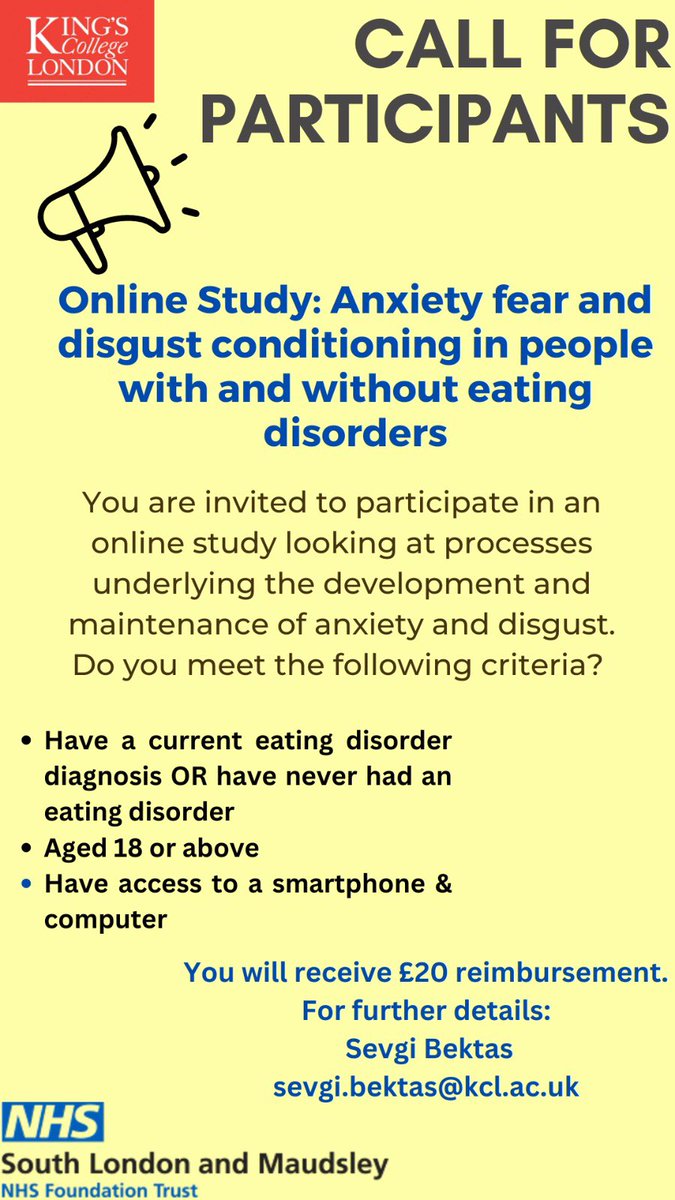 Please consider taking part in our short (~2hr) online study looking at processes underlying the development and maintenance of anxiety and disgust. You will receive £20 reimbursement for your time. 
Email sevgi.bektas@kcl.ac.uk for further details. 
<a href="/kingsedresearch/">Centre for Research in Eating and Weight Disorders</a>