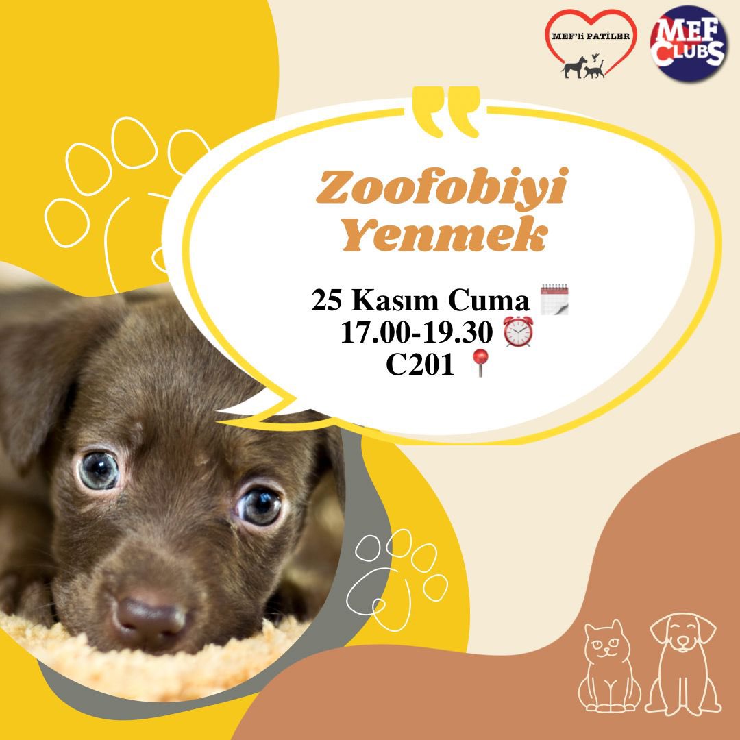 25 Kasım Cuma günü saat 17.00'de C201 sınıfında Sayın Müjde Peker Booth ve Sayın Aylin Eke hocalarımız ile birlikte olacağız. Hayvanlarla olan iletişimine bir şans daha vermek istiyorsan Zoofobiyi Yenmek adlı etkinliğimizde seni de aramızda görmek isteriz🤩forms.gle/bebvSFyubzivmV…