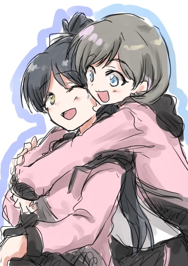 multiple girls 2girls hug hug from behind one eye closed black hair blue eyes  illustration images