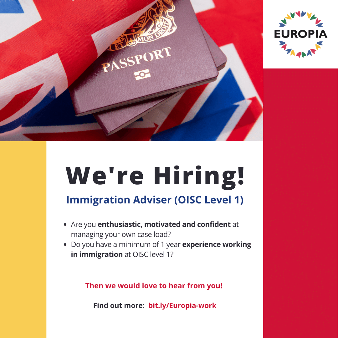 📣 #Europia has a new #vacancy for a #full-time #Immigration #Adviser (OISC Level 1) 😊

For more information, please visit our website: bit.ly/Europia-work

Closing date: 9am 3rd January 2023
Interviews: 16th January 2023

Apply now!🤩

#hiring #charity #work