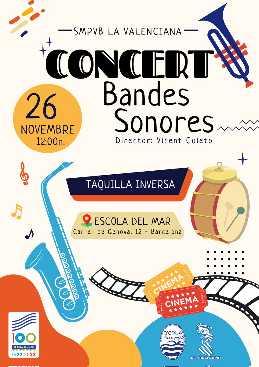 La setmana que ve vos esperem a l'Escola del Mar de Barcelona!

CONCERT DE BANDES SONORES 

🗓️ Dissabte 26 de novembre
🕖 12h.
📍 Escola del mar (Barcelona)
🎟️ Entrada lliure amb taquilla inversa