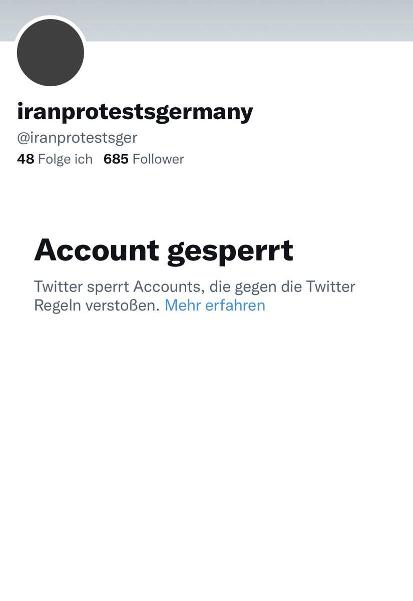 Der Account <a href="/iranprotestsger/">iranprotestsgermany</a> ist jetzt seit 2 Wochen von @Twitter gesperrt. Mir ist rätselhaft weshalb. Der Account hatte nur deutsche Demotermine für die #IranRevolution veröffentlicht. Sonst nichts.