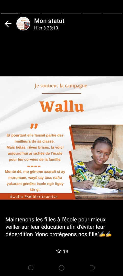 Boussobel's tweet photo. Jour 2 de la campagne #Wallu, engagez vous avec nous pour que chaque fille soit éduquée, protégée et épanouie.
#wallu #solidariteactive #16joursdactvisme #protectiondesfilles protectiondesfilles https://t.co/6KbCvYQ8Vq