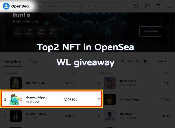 Realcarso's tweet photo. Top #NFT in #Opensea!
By #BNBchain &amp; Gameta
Last 100 spots,get it right now
✅Join :https://t.co/6yr7EDYjEW
✅RT &amp; Like,Tag 3 friends
✅Screenshot and send to discord

🏆Pick 3
🏆Free mint
🏆90% chance of getting WL https://t.co/rTGIdL36eH