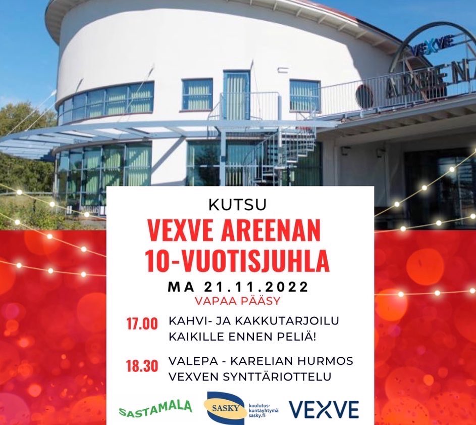 Sastamalan Vexve Areenalla vietetään Areenan 10-synttäreitä maanantaina 21.11. 

Juhlan kunniaksi:

🎉 Vapaa pääsy 
🍰 Kakkukahvitus (klo 17 ->)
🏐 Juhlaottelu VaLePa - Karelian Hurmos

<a href="/VaLePaSastamala/">VaLePaSastamala</a> <a href="/KarelianHurmos/">Karelian Hurmos</a> #VexveAreena