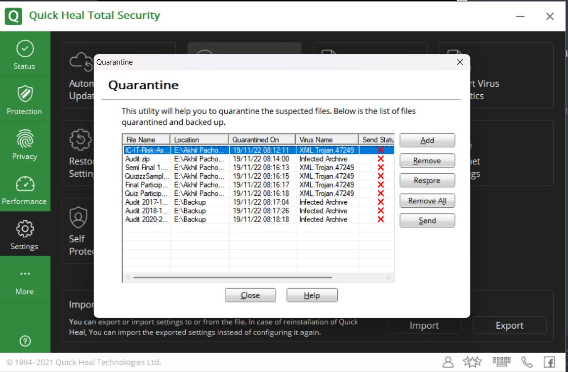 akhilpachori's tweet photo. How to restore Quarantined Files

Step 1 - Open #Quickheal Total Security
Step 2 - Settings
Step 3 - View Quarantined Files
Step 4 - Select file and click on Restore File

Hope this helps for urgent need basis till the time patch comes https://t.co/wSV9RH06RM