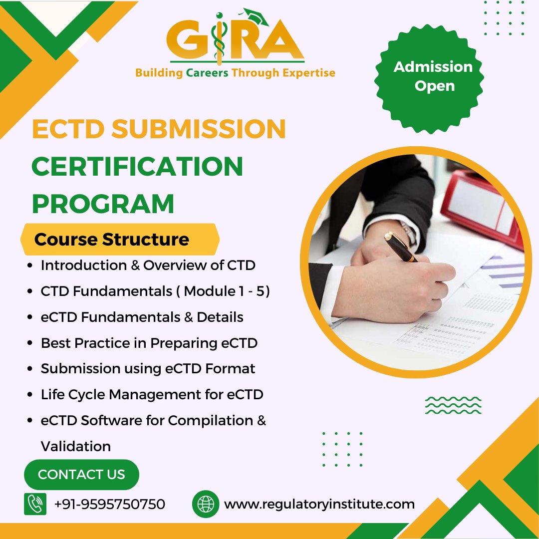 eCTD Submission Certification Program - Part-Time/Distance Learning,
More info visit:bit.ly/2Vv1Ijp
#eCTDSubmissions #eCTDSubmissionstraining
#pharmacareer #pharmatraining #regulatorytraining
#regulatoryaffairscoursesinpune #regulatoryaffairs