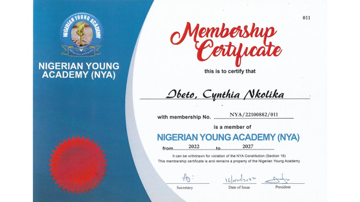 I am delighted with my induction into the Nigerian Young Academy. Looking forward to the next five years of more scientific engagements and volunteering opportunities for a greater impact on society.
#NYA #GYA