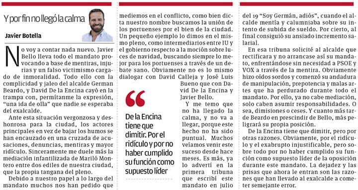 union_portuense's tweet photo. 𝗬 𝗽𝗼𝗿 𝗳𝗶𝗻 𝗡𝗢 𝗹𝗹𝗲𝗴𝗼́ 𝗹𝗮 𝗰𝗮𝗹𝗺𝗮. Nueva tribuna de @botella86✍️
#ElPuerto #UnionPortuense #PorElPuerto #ElPuertodeSantaMaria #JavierBotella #Pleno #Ayuntamiento https://t.co/WHmCyEbu04