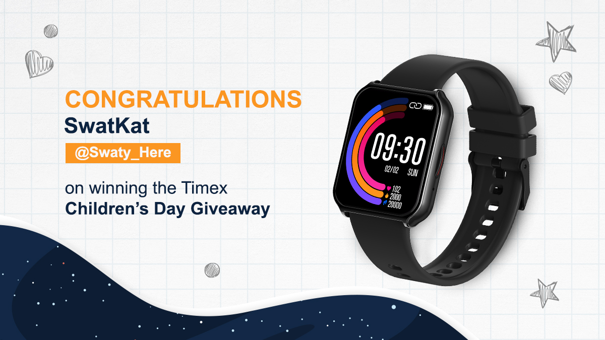 Thank you everyone for participating in our #Timex #ChildrensDay contest. Stay tuned for more such exciting giveaways! 😊
 
Big congratulations to @Swaty_Here on winning a Timex watch!
 
*Please DM us your details to avail your prize.
 
#ChildrensDay2022 #Giveaway