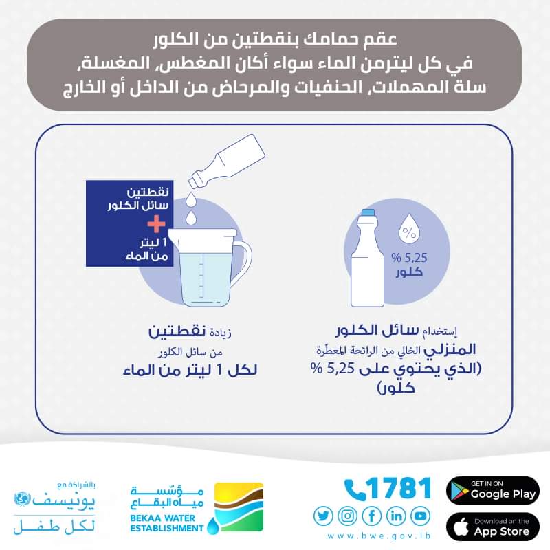 Bekaa Water Establishment (@bekaawaterest) on Twitter photo عقم حمامك بنقطتين من الكلور في كل ليتر من الماء سواء أكان المغطس، المغسلة، سلة المهملات، الحنفيات والمرحاض من الداخل أو الخارج
<a href="/uniceflebanon/">UNICEF Lebanon</a>
#Bekaa_Water_Establishment - #مؤسسة_مياه_البقاع
#WorldToiletDay2022 عقم حمامك بنقطتين من الكلور في كل ليتر من الماء سواء أكان المغطس، المغسلة، سلة المهملات، الحنفيات والمرحاض من الداخل أو الخارج
<a href="/uniceflebanon/">UNICEF Lebanon</a>
#Bekaa_Water_Establishment - #مؤسسة_مياه_البقاع
#WorldToiletDay2022