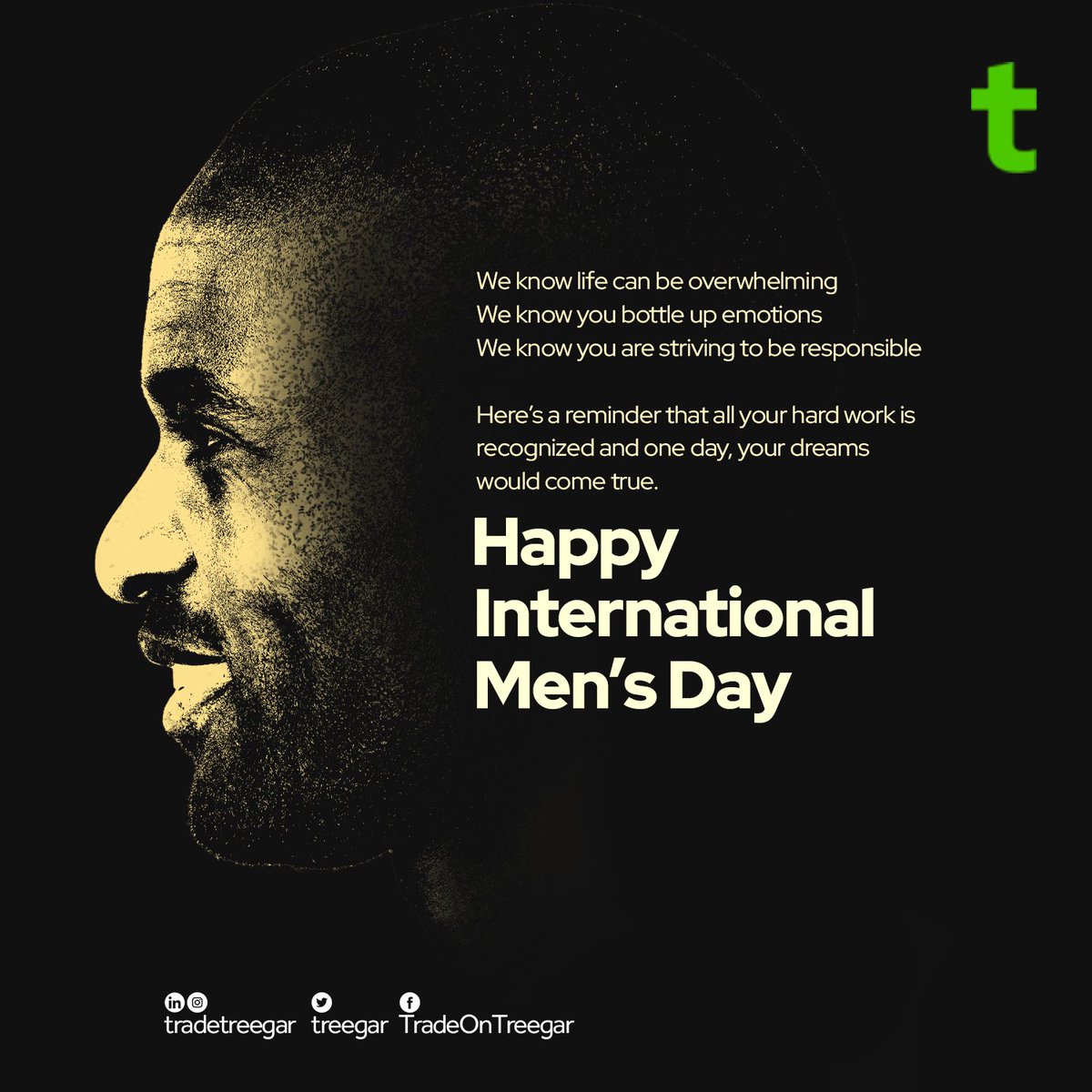 TradeOnTreegar's tweet photo. We celebrate every man all over the world today, you are phenomenal.
Here’s a reminder that we believe in you and soon, all of your hard work would pay off.
Happy International Men’s Day, from all of us at Treegar.
#men #internationalmensday #treegar #tradetreegar https://t.co/ey0M8MpEBu