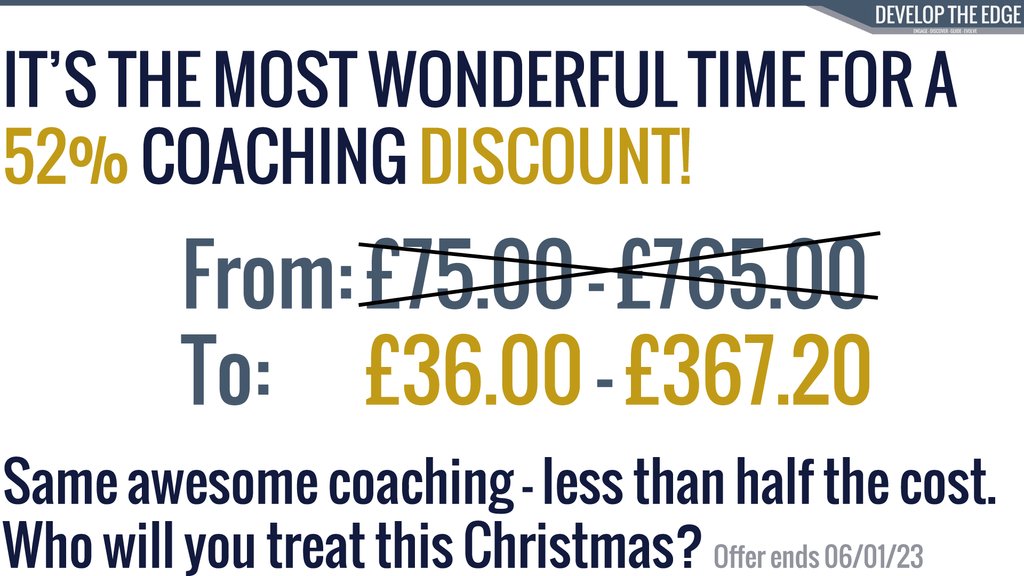 developtheedge's tweet photo. It's a time for giving! 🎅
 
Whether you want to treat yourself or someone you love to some epic &amp; engaging coaching - you can now grab yourself a value packed bargain via our website with a giant 52% discount!

https://t.co/gCynFg37RI

#Coaching #goals #Sale #Discount https://t.co/9DCTfnh56v