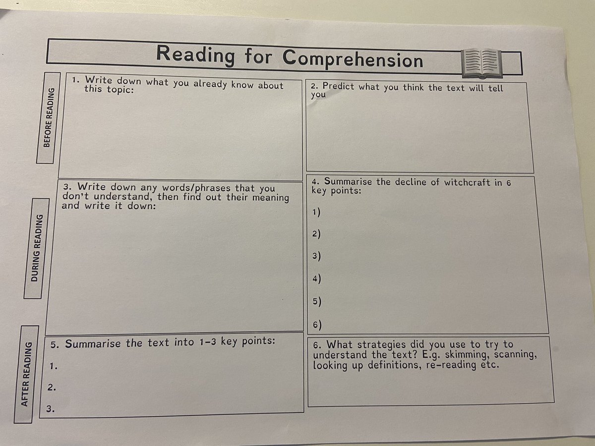 Took a really structured approach to #literacy with an S2 class and a fairly challenging text on the decline of witch hunts, with tasks before and during reading, as well as reflections after. Great to see the pupils push themselves #historyteacher
