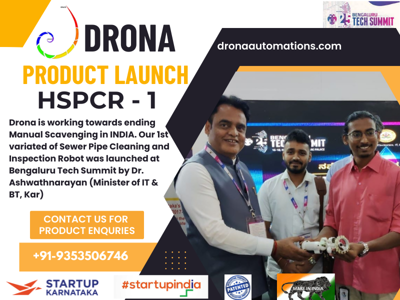 DronaAutomation's tweet photo. Our Product HSPCR - 1 was launched by @drashwathcn Sir, (Minister of IT &amp; BT) at @blrtechsummit. 
Honored to be part of the #BengaluruTechSummit2022 
Thanks to @Startup_Kar @startupindia for the opportunity and constant support
#sewerpies #manualscavenging #robots #startups https://t.co/2MvtvegKGa
