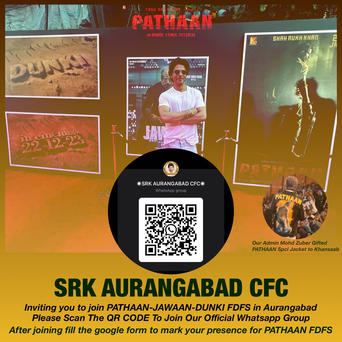 SRKAurangabadGC's tweet photo. We SRKians from Aurangabad decided to take the TooFANi way to start the countdown for the Shah Rukh Khan Year🔥

To Aurangabadi jabro scan the QR and join the group and mark your presence for @PathaanTheFilm

#CantWaitForPathaan 
#CantWaitForJawaan 
#CantWaitForDunki https://t.co/cva2lva2tj