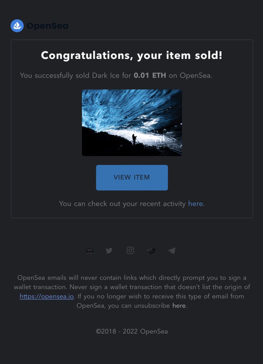 Gm beautiful people! 

What an amazing weekend to start it with an email from <a href="/opensea/">OpenSea</a>!! 🔥🚀

<a href="/ValheruTh3Great/">Valheru.eth 🐲</a> made my day by picking up a “Dark Ice” editions! 
Thank you so much ser to believe in my art and supporting my journey!! 🤍🙏🏼

Enjoy your weekend fam! ☀️