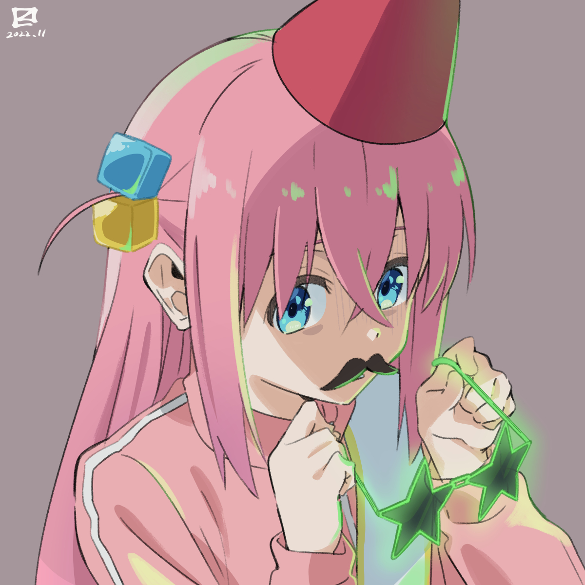 gotou hitori 1girl fake mustache fake facial hair pink hair hair ornament solo track jacket  illustration images