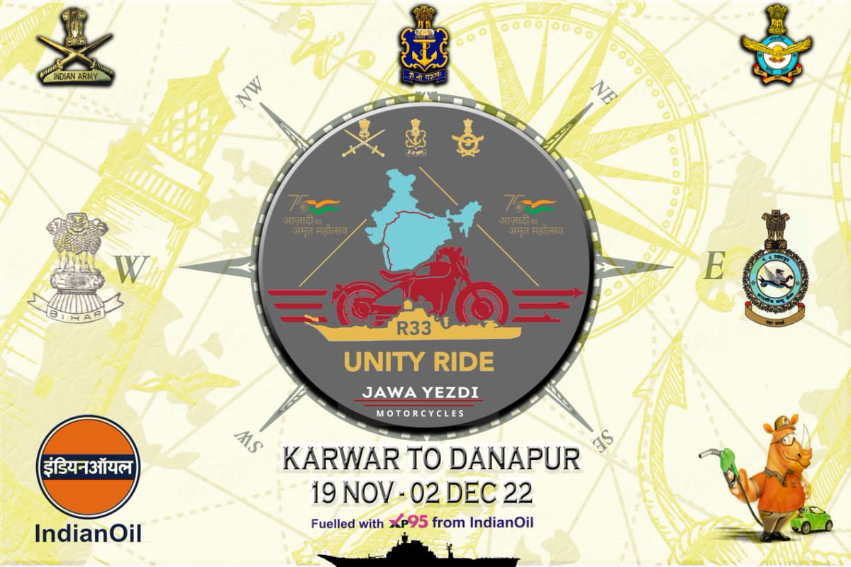 IN_KTKNA's tweet photo. #UnityRide22 was flagged off today by RAdm Atul Anand, FOK #HQKNA. Ride partners are @jawamotorcycles @yezdiforever @karnataka_ioc #INSVikramaditya with Bihar Regiment & 6 Sqn aim to spread the word of unity & adventure as part of #AzadiKaAmritMahotsav(1/n)
@indiannavy
@IN_WNC https://t.co/GX9RNPlye3