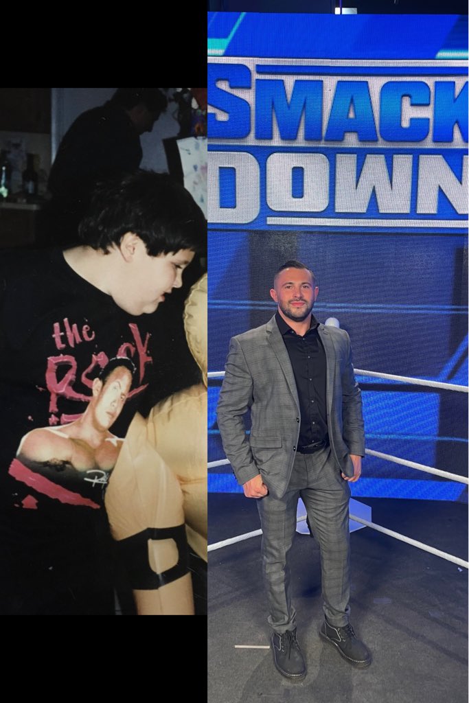 Joe__Ocasio's tweet photo. I was 9, I presented a project in school wearing this shirt. I proudly said I would work for the @wwe like @TheRock . I was relentlessly made fun of, called a fat loser and was told that wouldn’t happen, never forgot that. Last night that little boy finally got his justification. https://t.co/tADbP4tlr7