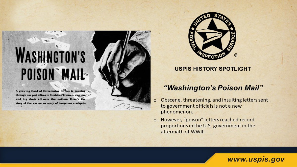 USPIS_HQ's tweet photo. Sending threatening letters to government officials is not a new phenomenon, but these “poison” letters reached record proportions in the aftermath of WWII. Find out more about our history at https://t.co/Rz5b7WPZlR. #USPIS #History https://t.co/t3Ye4rik12