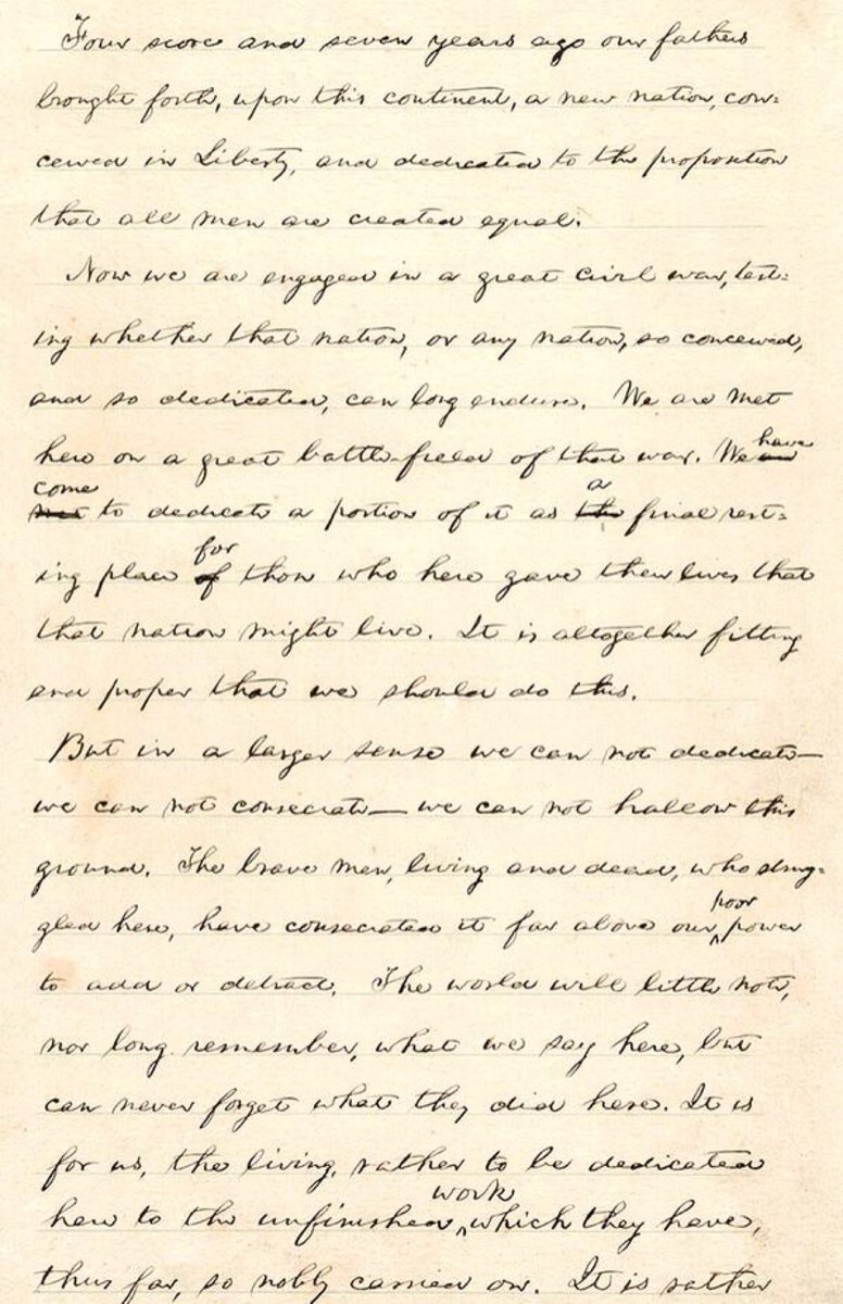 BeschlossDC's tweet photo. Handwritten draft of Lincoln's Gettysburg address, delivered today 1863: https://t.co/g4aR2rRaf3