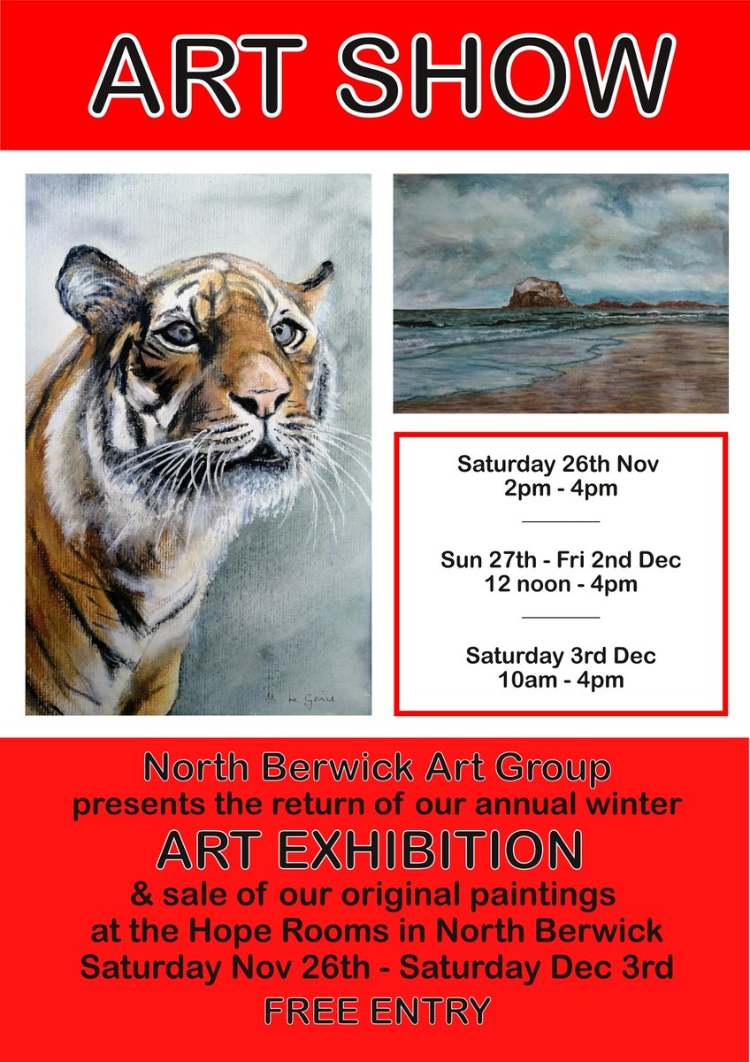 We're delighted that we will be holding our first live
Art Show since 2019!
Original artwork by our members, to suit all tastes &amp; budgets. Open 26 Nov - 3 Dec in North Berwick's Hope Rooms. Free entry