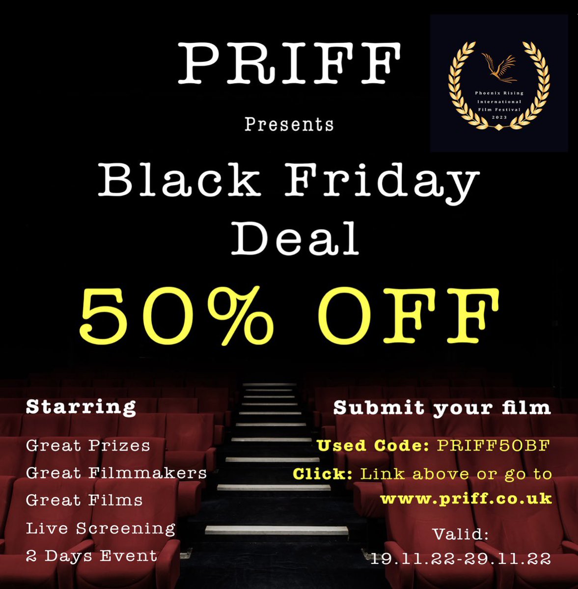 Hello Filmmakers
From 19.11.22 - 29.11.22, we offer Black Friday prices (50%off) for all PRIFF submissions. We also offer amazing prizes for all the winners. To submit go to the link: filmfreeway.com/PhoenixRisingI… and use code: PRIFF50BF
#filmmakers #FilmFestival #films