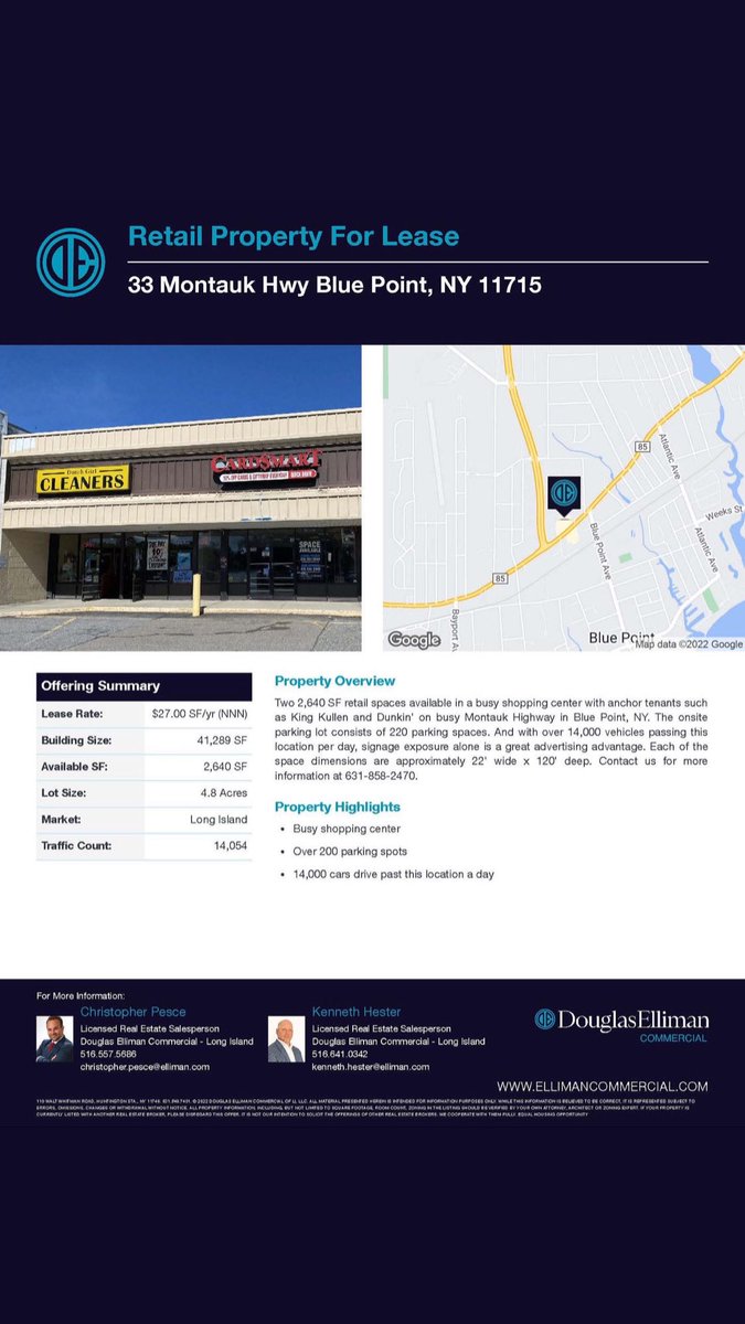 Pesce_RE's tweet photo. New Exclusive Listing!
Two 2,640 SF retail spaces available (can be combined to 5,280 SF) in a busy shopping center with anchor tenants such as King Kullen and Dunkin' on busy Montauk Highway in Blue Point, NY.  The onsite parking lot consists of 220 parking spaces. https://t.co/gx2UdsUKHv