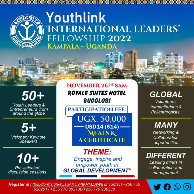 SirDavidKN's tweet photo. Have you registered yet ?
Join us for the Youthlink International Leaders fellowship 2022 on the 26th of November.
@YouthlinkFship
#YILF22 #TheWorldtoKampala https://t.co/sQQxyOpf80