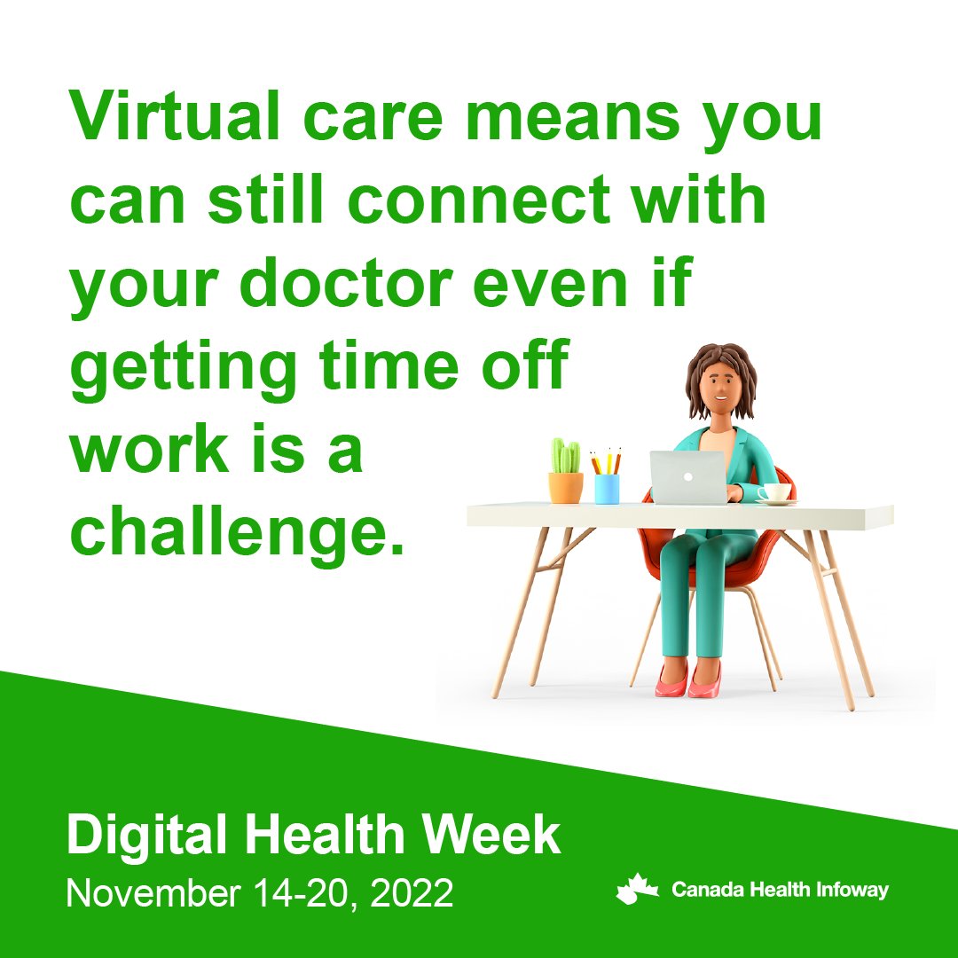 PrescribeIT_CA's tweet photo. Virtual care means you can still connect with your health care provider even if getting time off work is a challenge. Join the conversation during Digital Health Week. #ThinkDigitalHealth https://t.co/GQhT4GlXnO https://t.co/fHJvQrsNrB