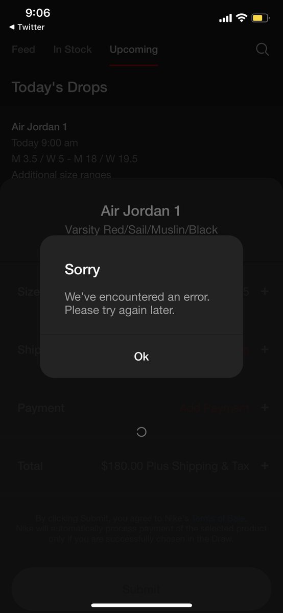abats89's tweet photo. What is going on with your app?!? I couldn’t even enter the drawing. @Nike @nikestore @Jumpman23 #SNKRS #Nike #Shoes #jordan https://t.co/e8Zw9U5BZi