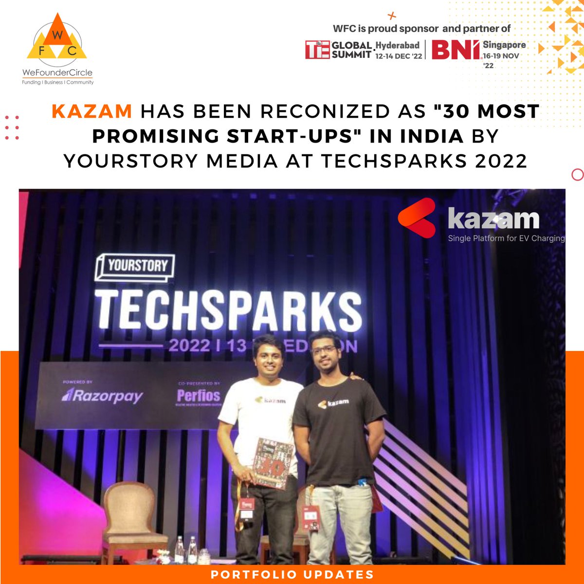 wefoundercircle's tweet photo. We Founder Circle portfolio startup Kazam EV (@Kazam_EV) founded by Vaibhav Tyagi and Akshay Shekhar in 2020, has been recognized as "30 most promising start-ups" in India by YourStory Media at TechSparks 2022
#techspark #EV #EVcharging #India #WFC22 https://t.co/6G6PQzqj54