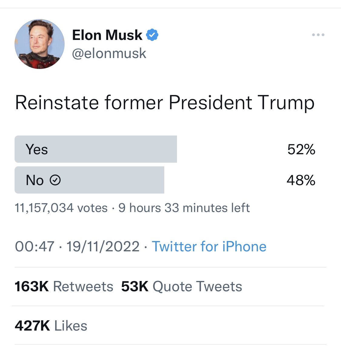<a href="/elonmusk/">Elon Musk</a> If only there were some historical precedent where 52% of people voted for something demonstrably awful and ruined it for everyone…