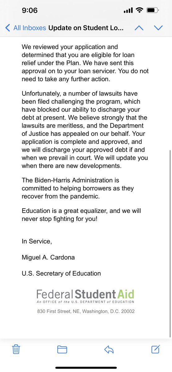taetooFINE's tweet photo. They approved my husband student loan forgiveness application and sent it to his loan provider but they are on hold until the courts come to a decision. A win is a win though check your emails! https://t.co/nZhfVfrcug