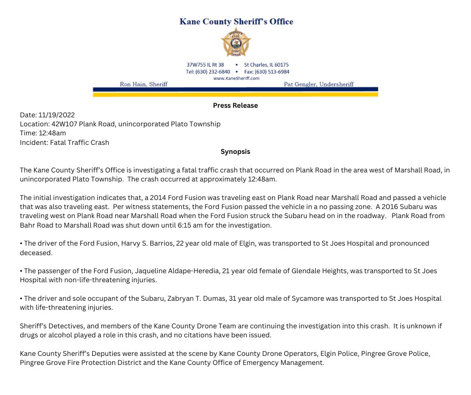 Press Release - Fatal Traffic Crash