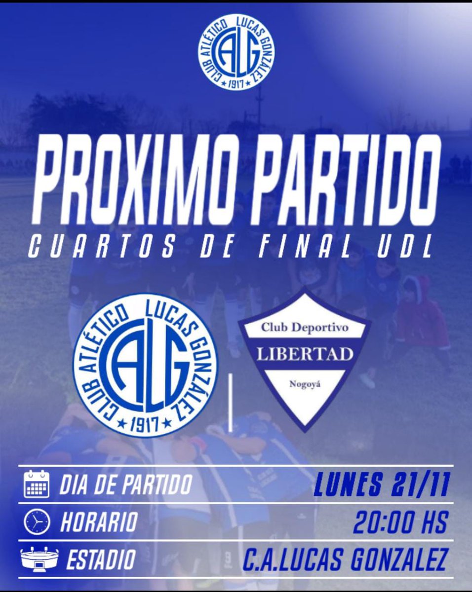 #Cuartos #TorneoClausura #UDL2022

⚽ Lucas vs. Libertad 
📅 Lunes 21
🕐 20:00 Hs.
🏟️ Club Atlético Lucas Gonzalez

VAMOS LUCAS 💙🙌🏻