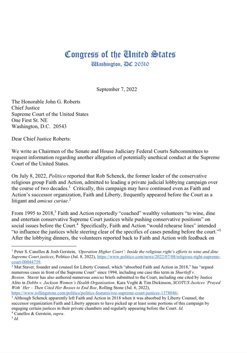 SenWhitehouse's tweet image. Here’s a letter I sent Roberts asking for inquiries and answers about this group’s wining and dining of selected justices.