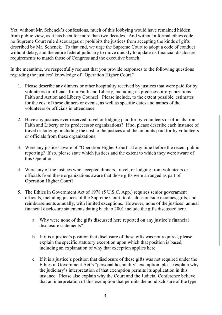 SenWhitehouse's tweet image. Here’s a letter I sent Roberts asking for inquiries and answers about this group’s wining and dining of selected justices.