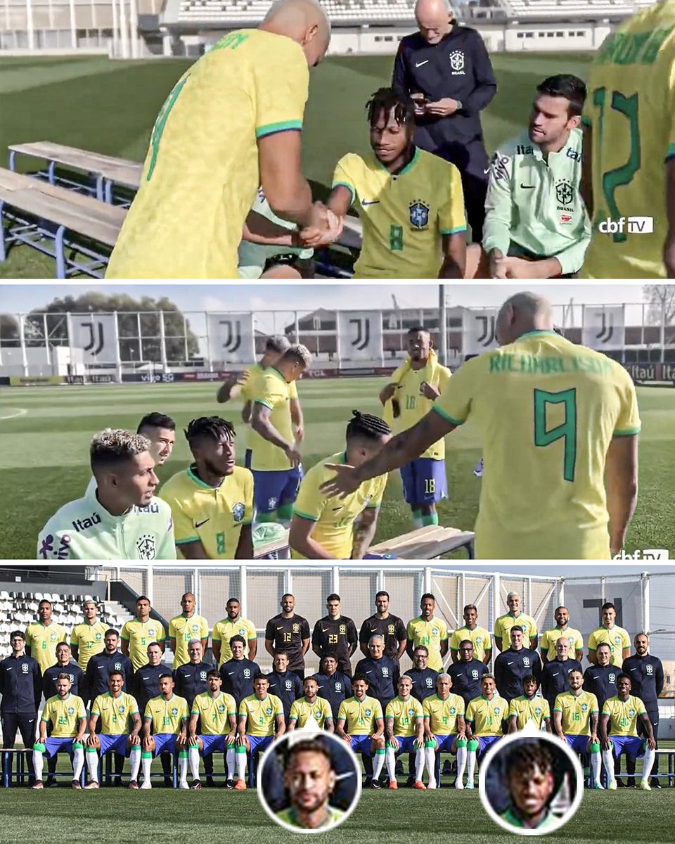 ESPNFC's tweet photo. Richarlison moved Fred so that Neymar can sit in the middle of the team portrait 😂📸 https://t.co/L4e2R9trov