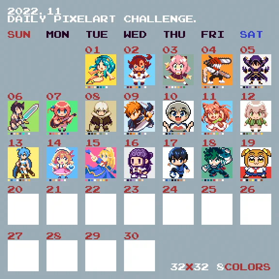 毎日ドット絵チャレンジ、11月19日は「ポプテピピック」から、ポプ子。#ドット絵 #pixelart 