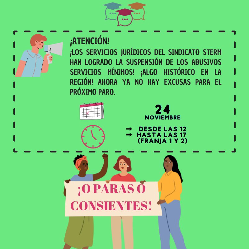 ‼️ ATENCIÓN ‼️
¡Los servicios jurídicos del sindicato STERM han logrado la suspensión de los abusivos servicios mínimos! ¡Algo histórico en la región! Ahora ya no hay excusas para el próximo paro del día 24 💪💪💪 <a href="/STERM_La_Inters/">STERM Intersindical</a> <a href="/Educarm/">Educarm</a> <a href="/LopezMirasF/">Fernando López Miras</a> <a href="/campuzano_mabel/">Mabel Campuzano</a>